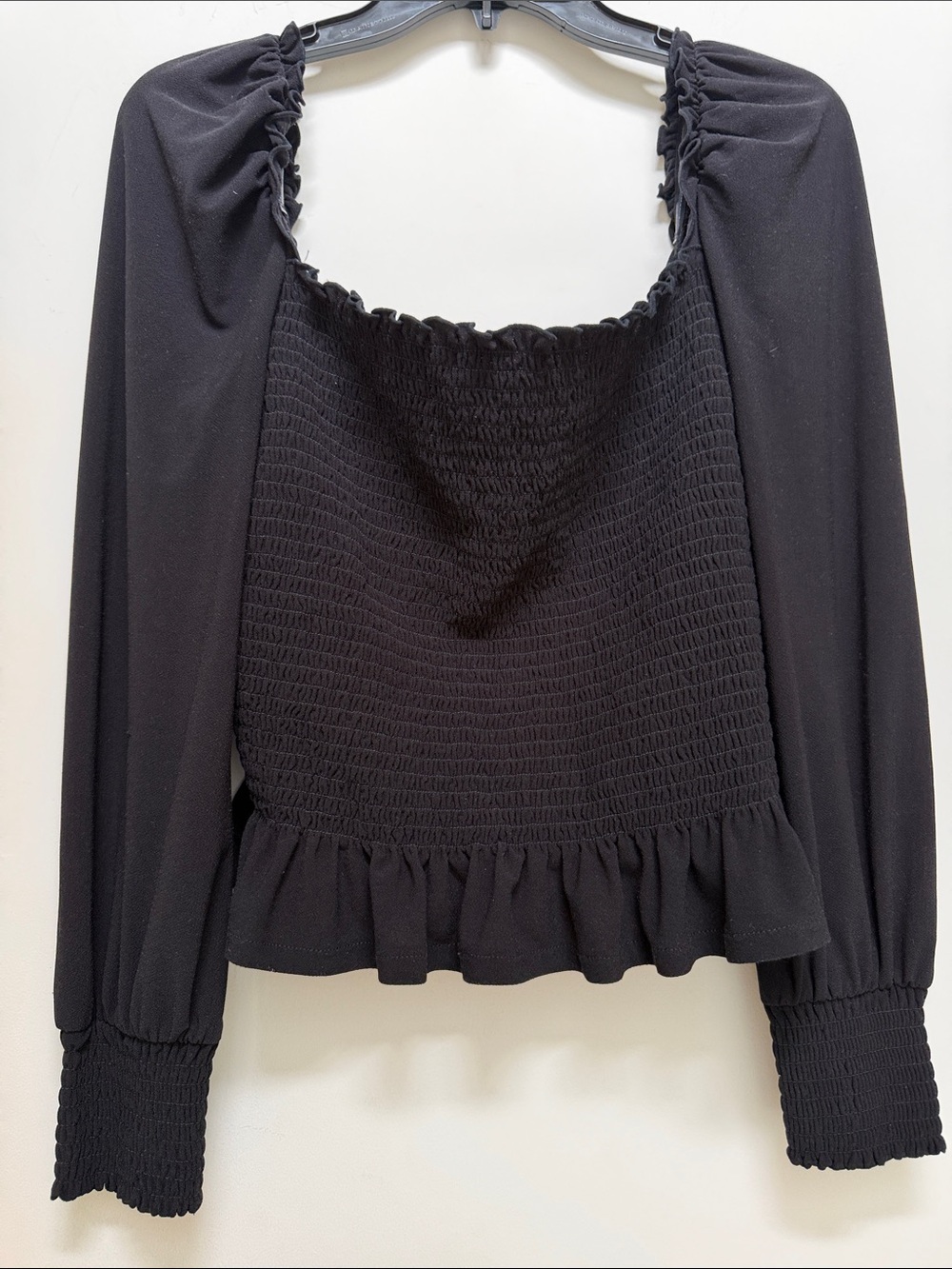 Bar III Smocked Long Sleeve Black Top